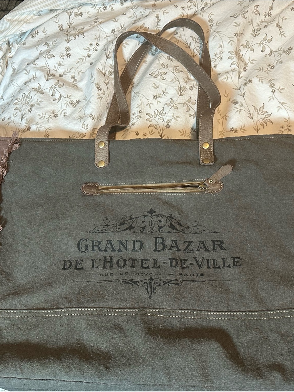 Myra Bag Olive Green Canvas Satchel with Brown Leather Accents